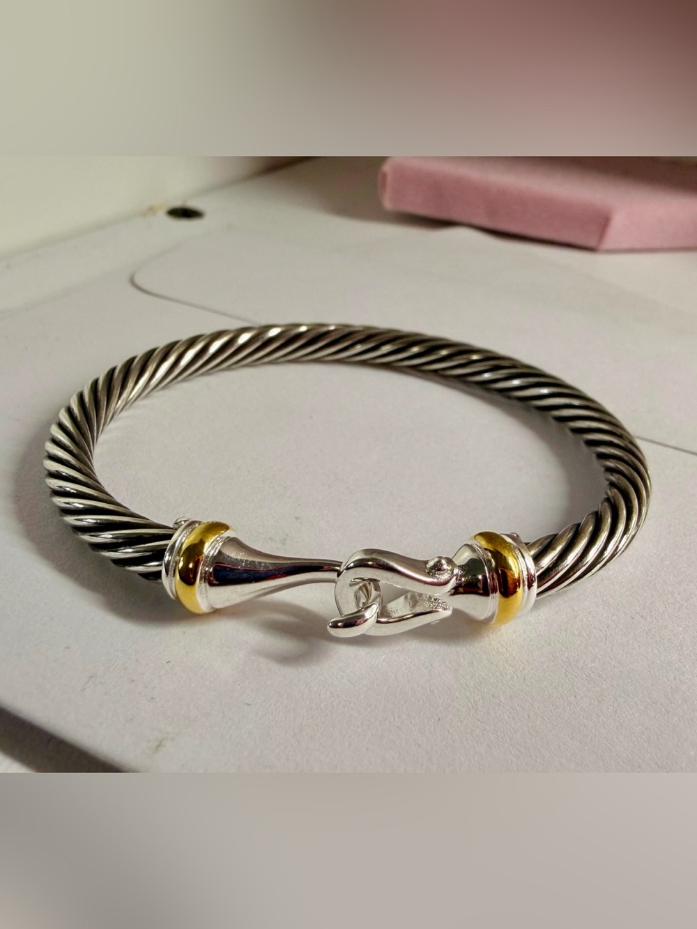 David Yurman Silver Cable Bracelet with Gold Accents. 4mm